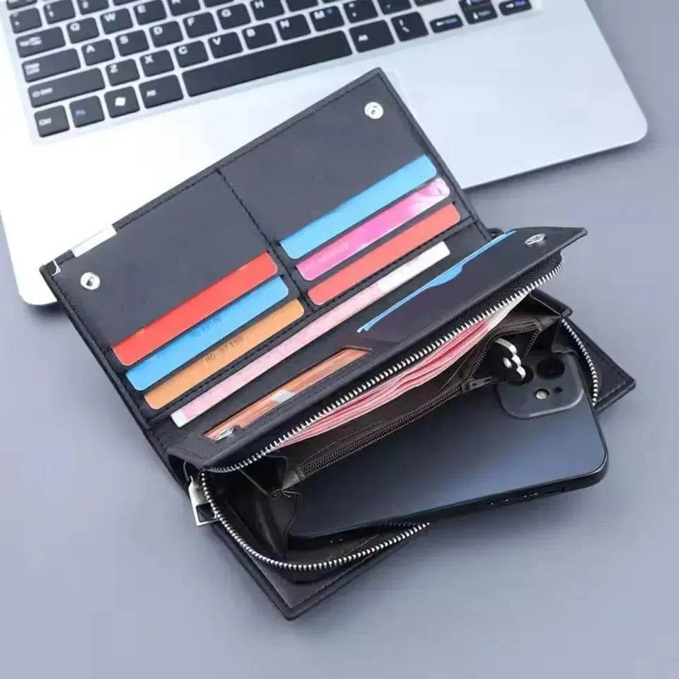 Unisex PU Leather Long Wallet with 6 Pockets Black Brown