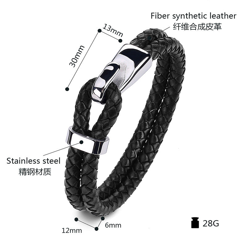 Stainless Steel Braided Leather Bracelet Black Men